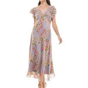 Taylor Flutter Sleeve Midi Dress Size 8 Chiffon Lilac Floral Fairy Wedding